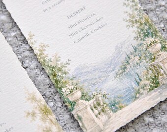 Custom Venue Wedding Menu, Mediterranean Watercolor Menu with Hand-Torn Deckled Edges, Italian Destination Wedding Stationery