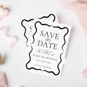 Moderne save-the-date kaart, minimalistische trouwaankondiging, eenvoudig zwart elegant ontwerp, aanpasbare trouwdatumkaart, bruiloft briefpapier