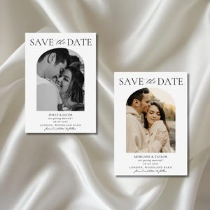Tarjeta de invitación con foto arqueada para guardar la fecha, anuncio de boda moderno minimalista, invitación con foto arqueada personalizada, tarjeta de compromiso