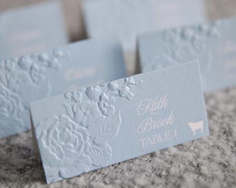 Powder Blue Rose Garden Embossed Place Cards, White Text, Table Number & Meal Choice Icon, Tent Escort Card, Baby Blue Place Cards