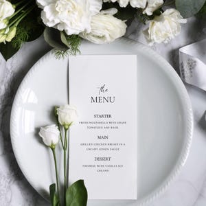 Menu de mariage imprimé, décoration de mariage minimaliste moderne - Carte de menu de petit-déjeuner de mariage, cadre de table, menu moderne