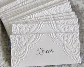 Embossed Wedding Place Cards, Personalized Guest Name Cards, Elegant White Tent Cards, Luxury Custom Wedding Table Stationery