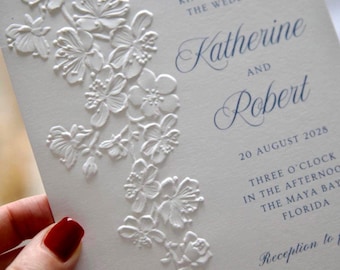 Cherry Blossom Embossed Wedding Invitation, Custom Color Paper Invite with Envelope, Build Your Own Invitation Suite
