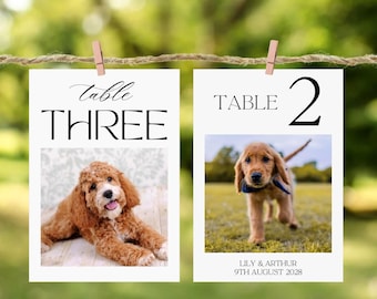 Nombres de mesa personalizados con fotos de mascotas, números de mesa para bodas con animales, números de mesa personalizados con fotos, tarjetas con nombres de mesa, números de mesa personalizados con fotos de perros