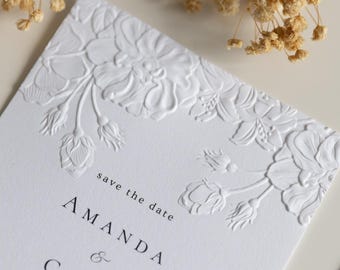 Luxury Embossed Rose Save the Date & Wedding Invitation, Sculpted Floral Embossing, Premium Cotton Paper, Wedding Stationery, Fine Art Print