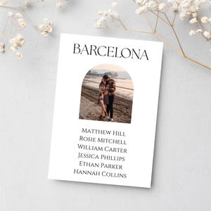 Può includere: Un biglietto bianco con la parola "BARCELONA" in nero, sopra una foto di una coppia che si abbraccia. Sotto la foto ci sono i nomi: Matthew Hill, Rosie Mitchell, William Carter, Jessica Phillips, Ethan Parker e Hannah Collins.