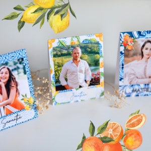 Segnaposto in stile mediterraneo, segnaposto limone, matrimonio italiano, matrimonio all'estero, biglietto di nozze con foto, arredamento italiano, tag Costiera Amalfitana