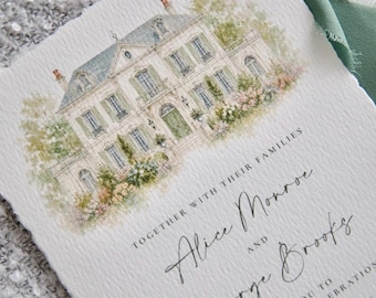 Custom Venue Watercolor Wedding Invitation or Save the Date, Deckled Edge Card, Hand Torn Paper