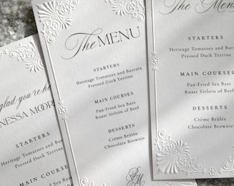 Embossed Wedding Menu, Personalised Elegant Dinner Menu with Ornate Border, Cotton Paper