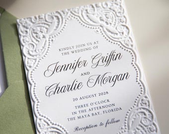 Embossed Wedding Invitation, Lace Pattern Handmade Invitation, Timeless Elegant Minimalist, A6 size, Sage Green, Dusty Blue Invite