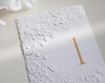 Embossed Floral Wedding Table Numbers A6,  Elegant Luxury Minimalist Table Cards, Modern Botanical Wedding Stationery, Romantic Wedding