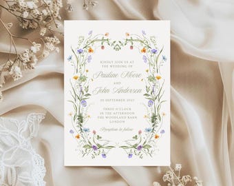 Printed Wildflower Wedding Invitation, Romantic Botanical Floral Invite, Watercolour Flower Design, RSVP & Details Cards, Romantic Design