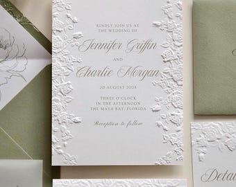 Embossed Floral Wedding Invitation Suite, Sage Green Rose Invite, Embossed Envelope, Luxury 100% Cotton Paper, Custom Invitation Suite