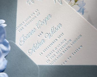 Letterpress Wedding Invitation Suite, Minimalist Fine Art Stationery, Cotton Paper Invite, Sage Green & Dusty Blue, Custom Colors