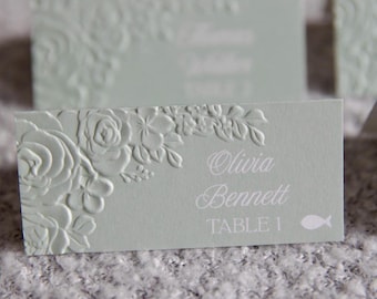 Sage Green Floral Embossed Place Cards, Personalised Wedding Tent Cards with White Text, Food Icon & Table Number