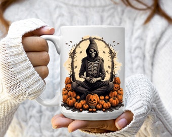 Skeleton Pumpkin Throne Halloween Mug, 11 and 15oz Spooky, Seasonal, Fall Coffee Cup