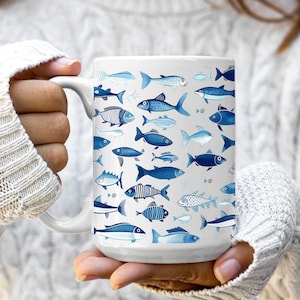 School of Blue Fish Mug (11oz/15oz), Ocean Coffee Mug, Animal Lover Gift, For Him or For Her