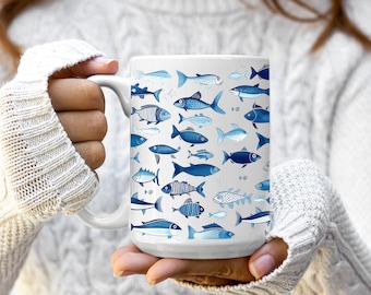 School of Blue Fish Mok (11oz/15oz), Oceaan Koffiemok, Dierenliefhebber Cadeau, voor hem of voor haar