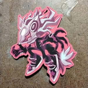 May include: A black and white cartoon character with a white and gray spiky mane and a black and white mask. The character is standing on a pink background.