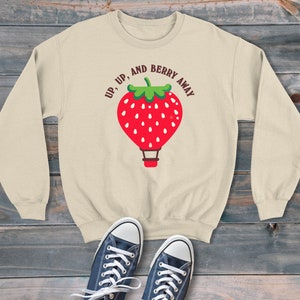 Strawberry Hot Air Balloon Berry Away Cartoon Style Unisex Sweatshirt,  Retro Graphic Sweater, Trendy and Fun Style