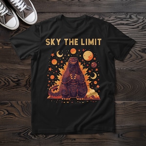 Giant Kaiju With Planets Sky The Limit T-Shirt, Vintage Japanese Tee, Trendy Graphic Style