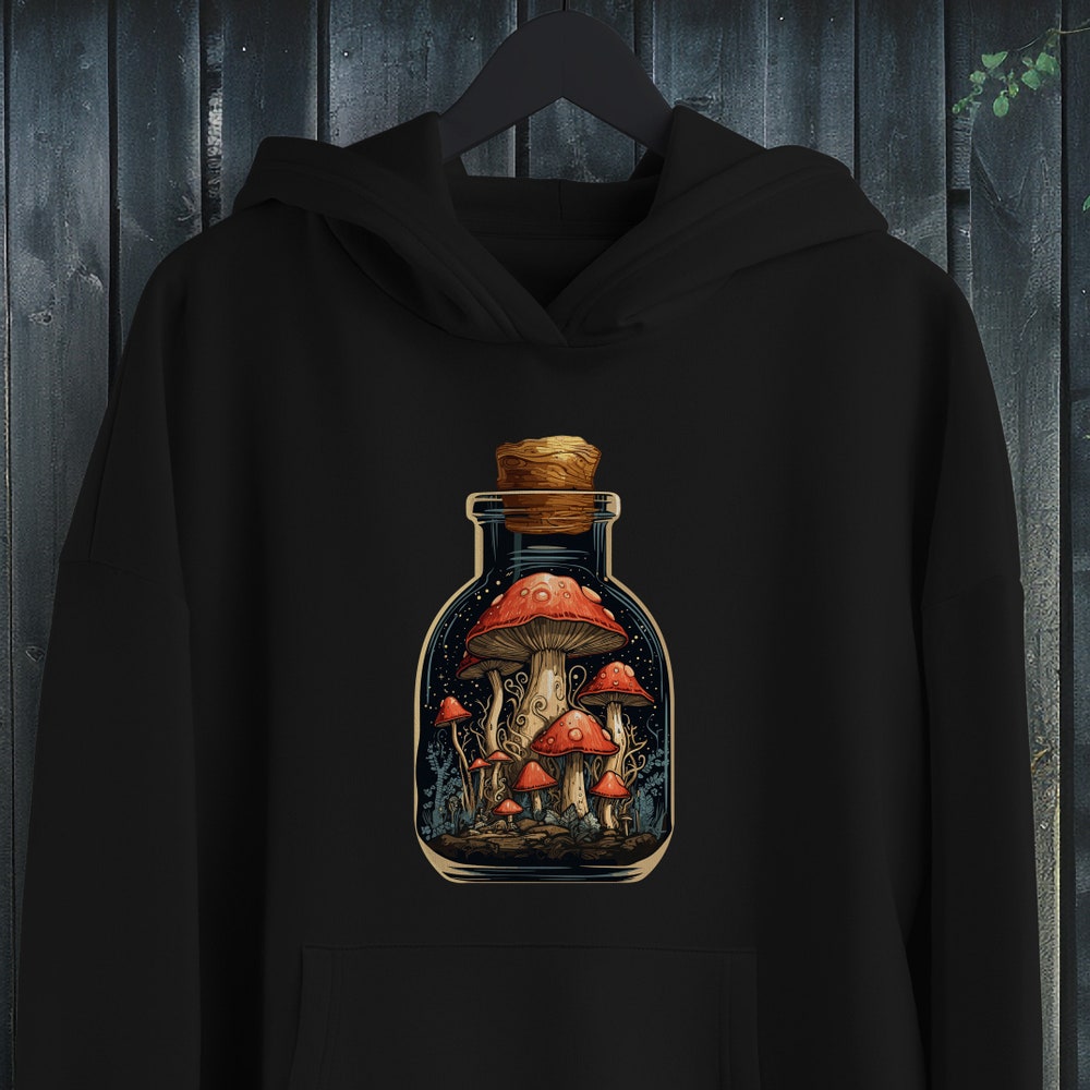 Mushrooms In A Vintage Bottle Unisex Cotton Hoodie, Vintage Vibe Sweater, Cottagecore Trendy Style New Hoodie