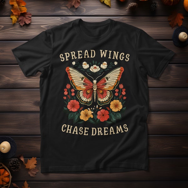 Moth With Flowers Spread Wings Unisex Cotton T-Shirt, Butterfly Vibe Tee, Vintage Trendy Style