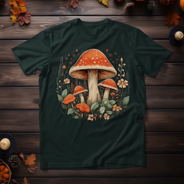 Forest Mushrooms & Flowers Sepia Coloured Unisex Cotton T-Shirt, Vintage Vibe Tee, Cottagecore Trendy Style