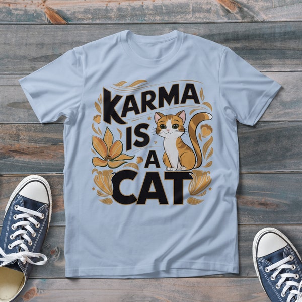 Karma Is A Cat T-Shirt, Cat With Golden Flowers Shirt, Trendy Floral Cat Tee, Cottagecore Cat Gift