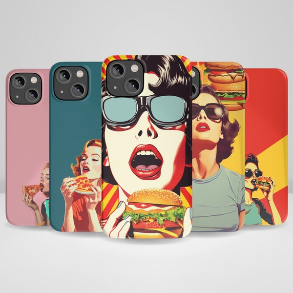 Pop Art Phone Case Women Eating Pizza Retro Phone Case for iPhone 15, iPhone 14 Plus, iPhone 14 Pro Max, iPhone 13, iPhone 12, 11, XR, 8+