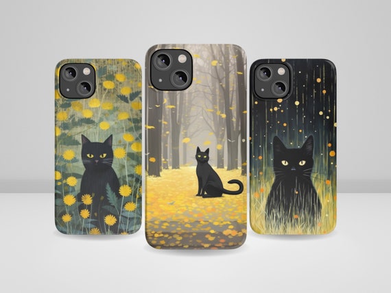 Black Cat Yellow Fall Phone Case Floral Cat Phone Case for iPhone 15, iPhone 14 Plus, iPhone 14 Pro Max, iPhone 13, iPhone 12, 11, XR, 8+, 7