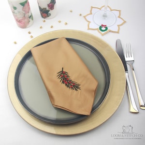 Embroidered Christmas Napkins – Gold Cotton Sateen Holiday Table Linens
