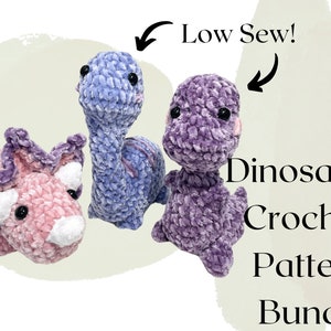 Dinosaur Crochet Pattern Bundle, Brontosaurus, Triceratops, Tyrannosaurus T- Rex Amigurumi PDF Instruction Tutorial, Low Sew