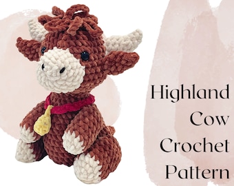 Highland Cow Crochet Pattern, Bull Cow Large Amigurumi PDF Instruction Tutorial with Cow Bell Collar