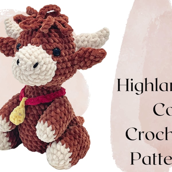 Highland Cow Crochet Pattern, Bull Cow Large Amigurumi PDF Instruction Tutorial with Cow Bell Collar