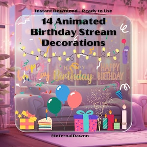 Op de afbeelding: Een set van 14 geanimeerde verjaardag streamdecoraties. De decoraties omvatten ballonnen, kaarsen, confetti en de woorden "Happy Birthday".