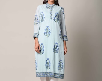 Casual Women’s Suit, Blue Floral Hand Block Printed Kurta Set, Blue Suit Set, Kurta and pant set in Pure Cotton, Comfy Summer Co-ordinate