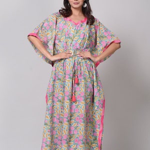 Long Caftan, Handmade Kaftan, Beach Cover up, Yellow Leaves Hand Block Print Kaftan, Caftan, Pink Floral Caftan, Gift For Her, Free Shipping