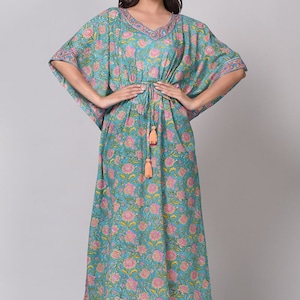 Caftan Cotton Dress, Beach Coverup, Loungewear Kaftan, Pink Floral Hand Block Printed Kaftan, Maxi Dress, Kaftan, Pajamas, Bridesmaids Dress