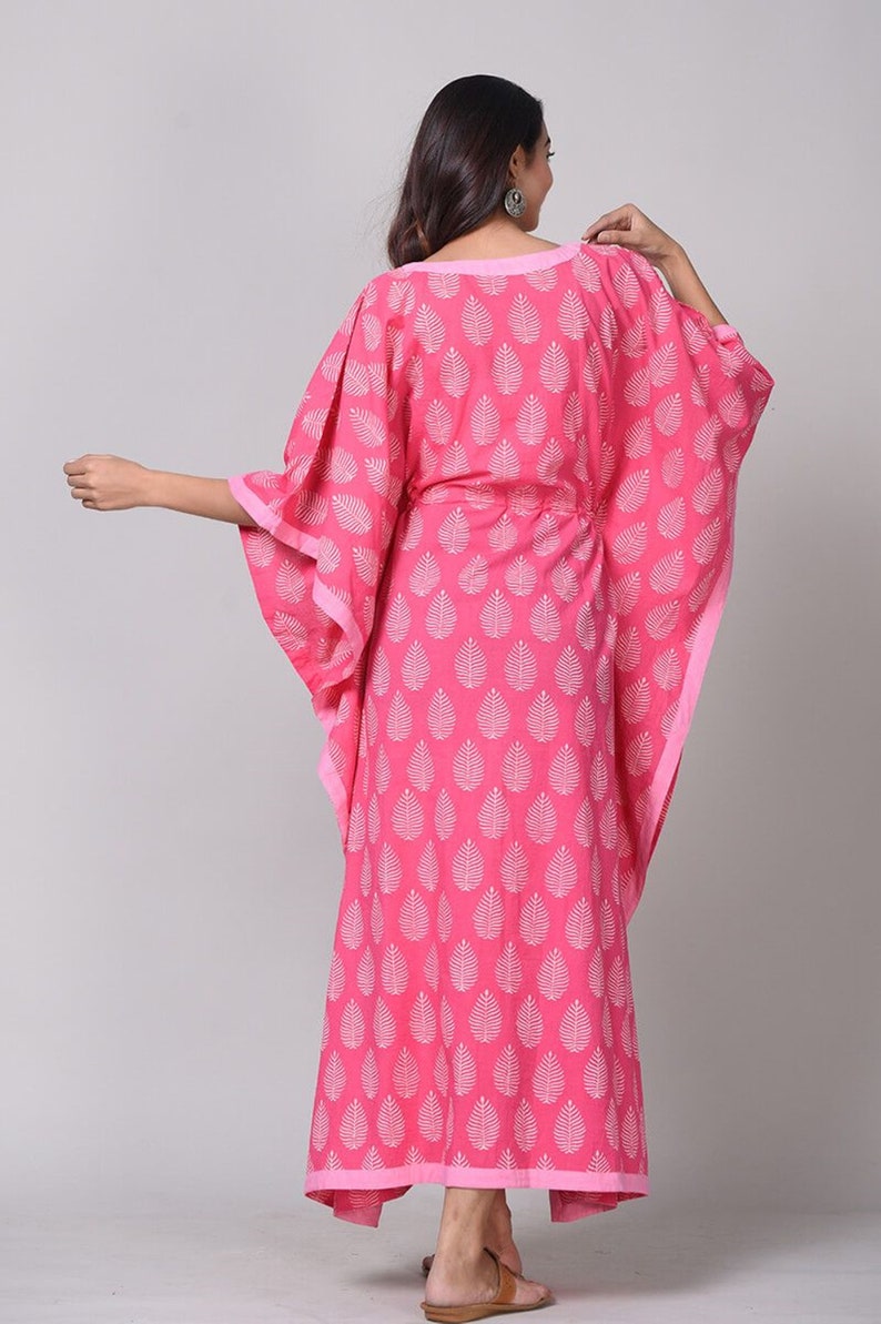 Pink Floral Kaftan, Hand Block Print Kaftan, Women's Kaftan, Beach Cover Ups, Women's Night Wear, Cotton House Kaftan, Floral Pink Cover Up image 3