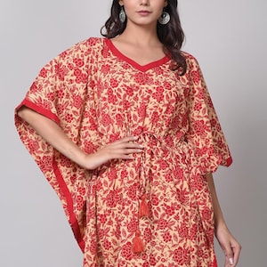 Block Printed Kaftan, Women Long Caftan, Beach Cover Up, Sleepwear Maxi Dress, Vacation Look, Loose fit Robe, Cat lover gifts, Free Ship