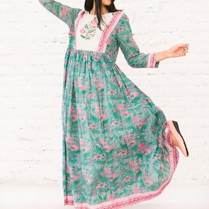 Hand Block Printed Cotton Midi Dress: Sea Green Boho Gown