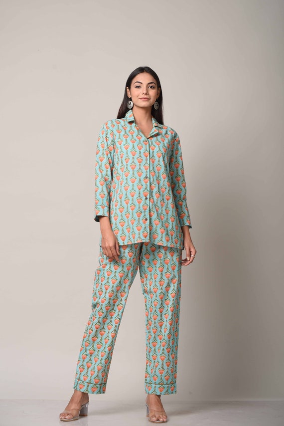 Hand Block Printed Cotton Night Suit: Light Green Loungewear Set