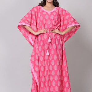 Pink Floral Kaftan, Hand Block Print Kaftan, Women's Kaftan, Beach Cover Ups, Women's Night Wear, Cotton House Kaftan, Floral Pink Cover Up image 2