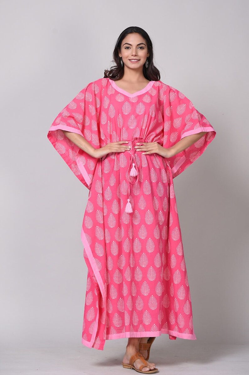 Pink Floral Kaftan, Hand Block Print Kaftan, Women's Kaftan, Beach Cover Ups, Women's Night Wear, Cotton House Kaftan, Floral Pink Cover Up image 2