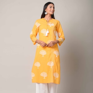 Mustard & Cream Ethnic Kurta for Women | Hand Block Printed Cotton Kurti | Comfortable Home Outfit