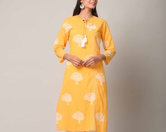 Hand Block Print Kurti, Sanganeri Kurti, Mustered Off White Printed Cotton Kurta, Kurta Designs For women, Home Wear Dress, Gift For Her