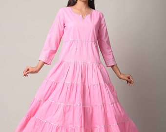 Short Pink Tier Dress, Soft Cotton Empire Waist Boho Tunic, Loose Maternity Dress, Maxi Dress, Plus Size Petite ,Ladies Kurta, Gift for her