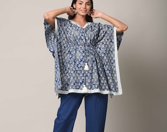 Soothing Short Kaftan Tunic, Flower Block Print Sleepwear Maxi Kimono Robe, Cotton Handmade Kaftan Dress, Long Caftan Dress Beach Cover up