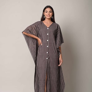Striped Cotton Kaftan Dress | Indian Hand Block Print Cover Up | Maternity Gown & Beachwear | Soft Nightwear for Women | Free Shipping